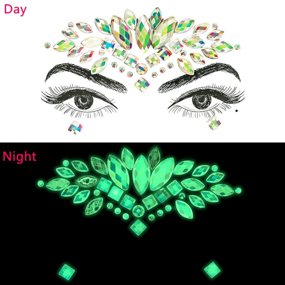 1pc 5D Fluorescence Glitter AB Water-Drop Tear Rhinestone Face Sticker Glow-In-Dark Crystal Face Slider DIY Party MakeUp Daimond