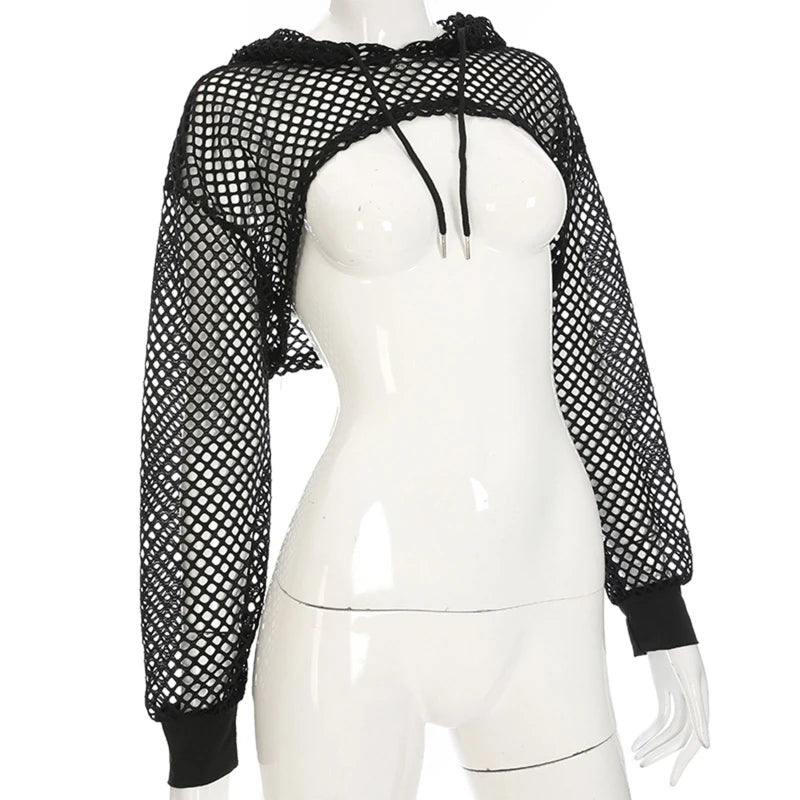 Women Long Sleeve Mesh Fishnet Hoodie Crop Top Neon Solid Color Hollow Out Drawstring Sweatshirt Pullover Cover Up Shrug