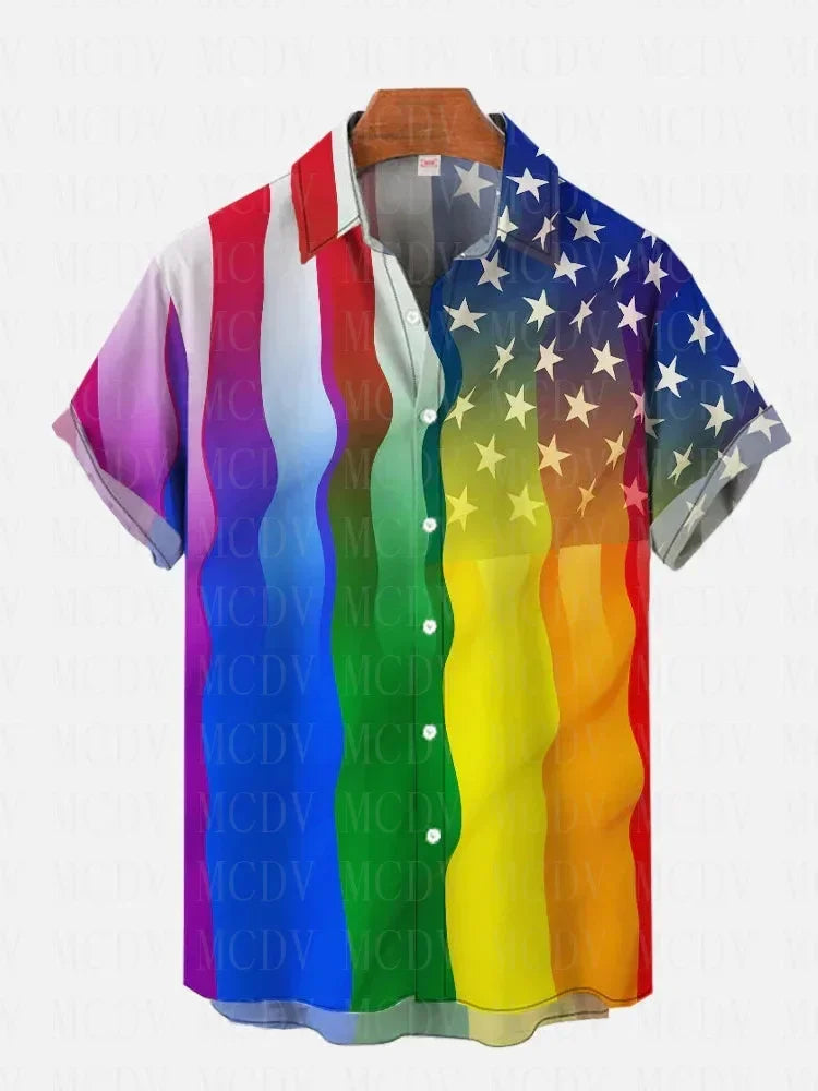 Vintage Disco Psychedelic Gradient Rainbow Neon Light Printing Short Sleeve Shirt Hawaiian Shirts