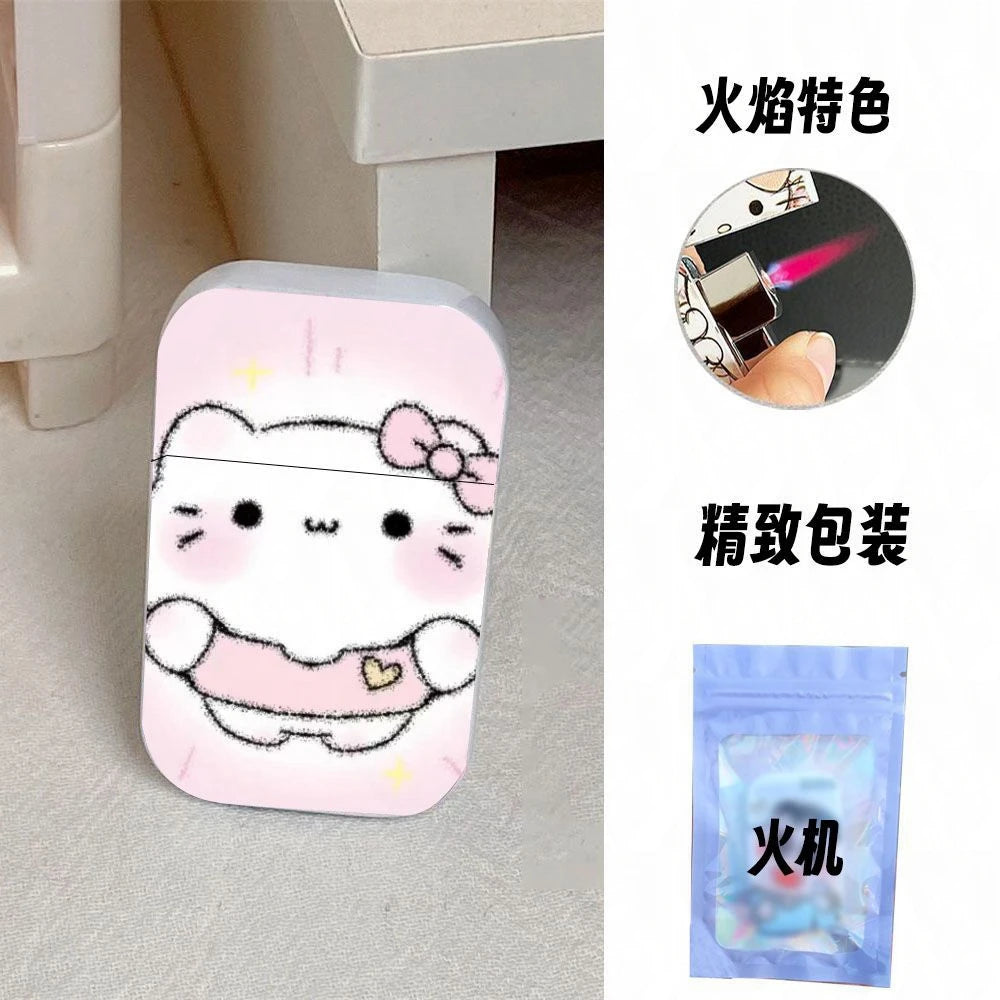 Gift Set Hello Kitty Turbo Gas Lighter, Pink Fire Windproof Metal Flip Cover Women's Lighter Jet Flame, Smoking Accessories