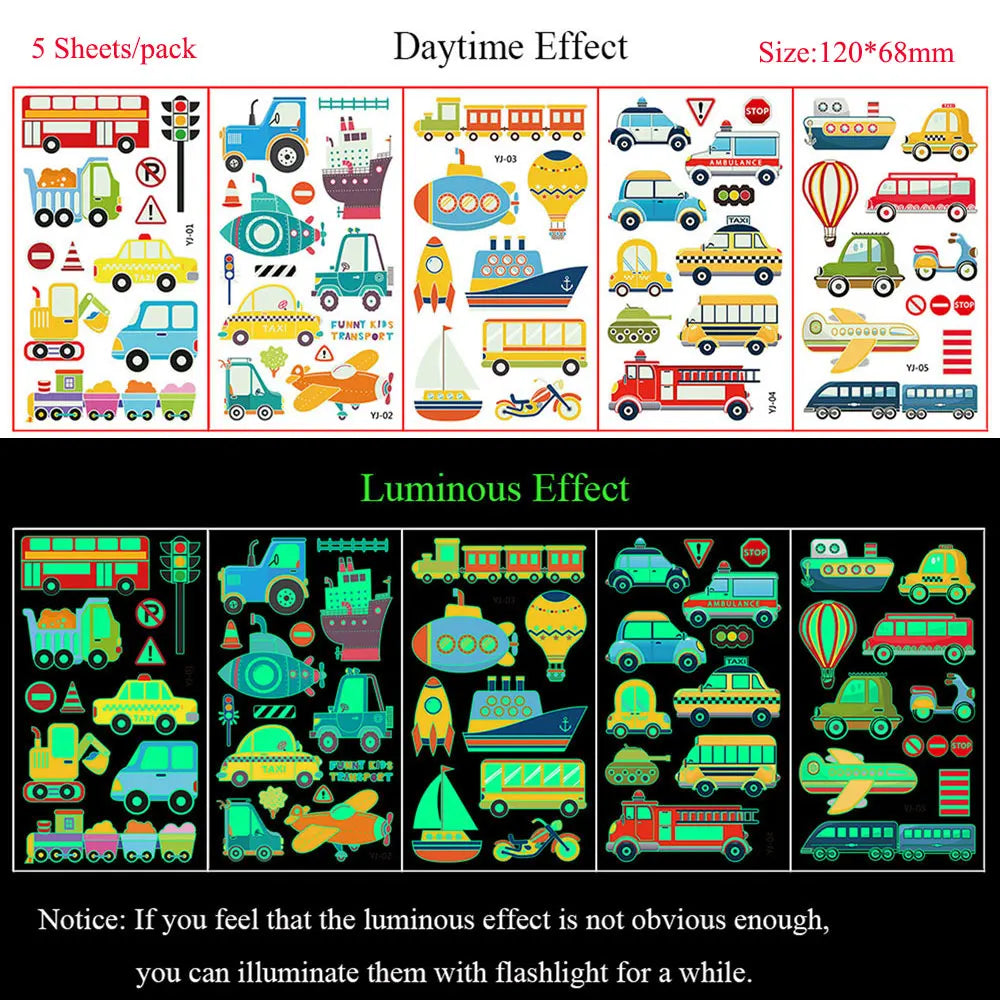 5 Sheets Luminous Tattoo Stickers Temporary Colorful Animal Dinosaur Tattoo Fake Tattoo for Body Hand Face