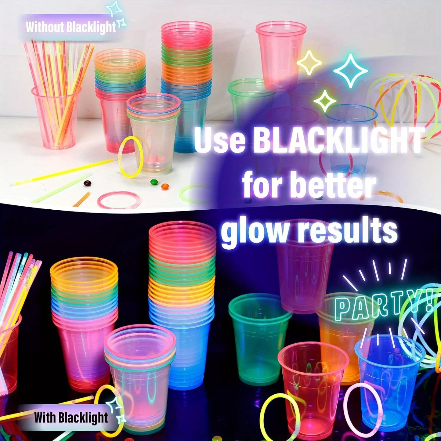 120pcs 12OZ Plastic Neon Cups: Disposable Glow Cups for UV Black Light Neon Parties. Glow-in-the-Dark for Rave, Xmas, Halloween