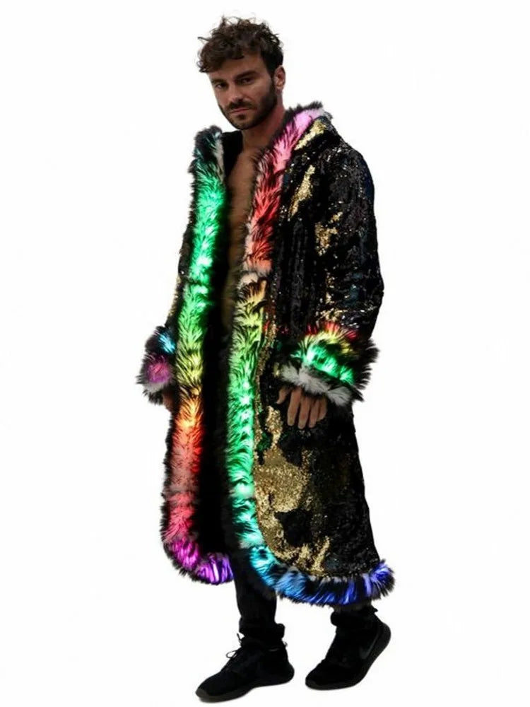Men's Faux Fur Coat Winter Thicken Fluffy Led Lights Rave performance Luxury Fur Plus Size Jackets Long Windbreaker Coat