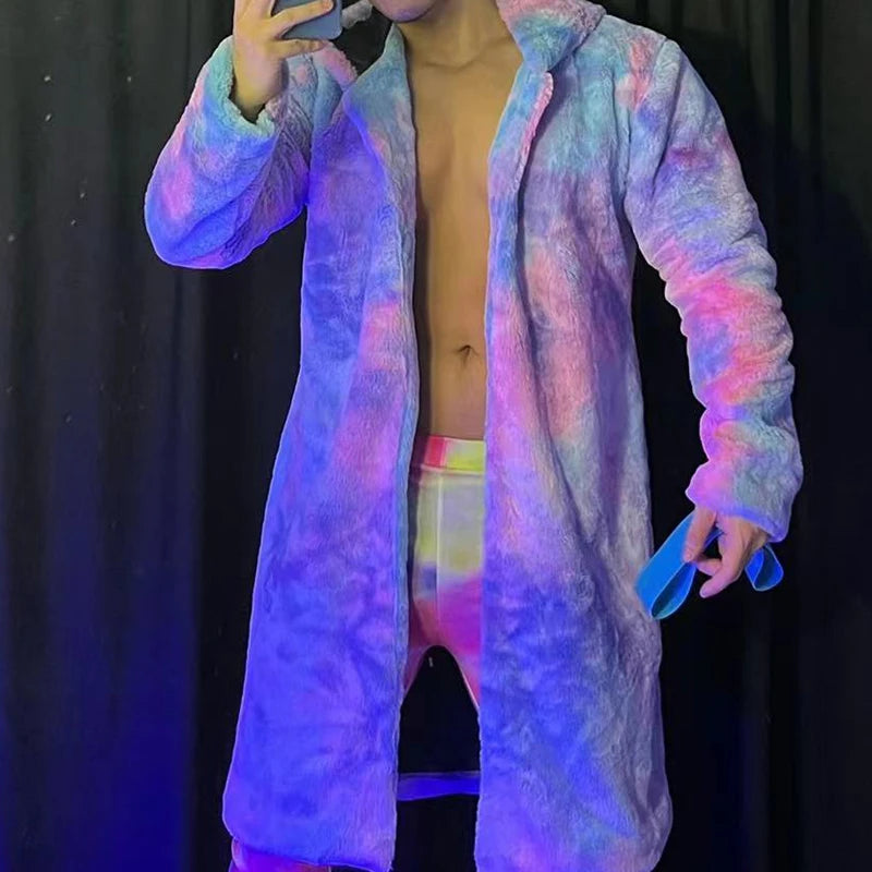 Tie-dye Fur Long Coat Leggings Men Festival Rave Outfit Male Gogo Costume Burning Man Nightclub Dj Ds Rave Clothing XS3148