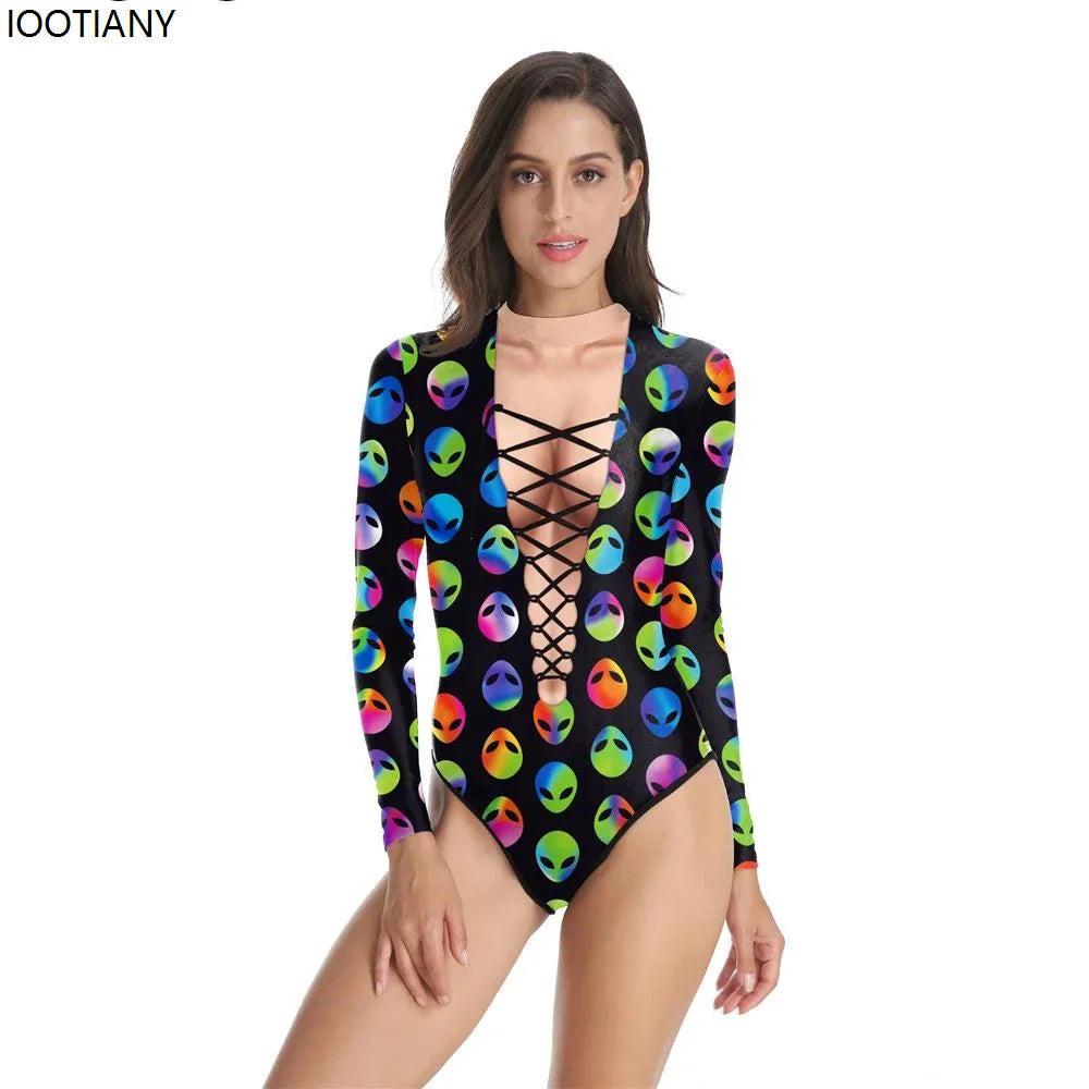 Cosplay Alien Head Pattern 3D Printed Women Swimsuit Summer Casual Long Sleeve Beachwear Bathing Suit Sexy Rave Tight Swimwears