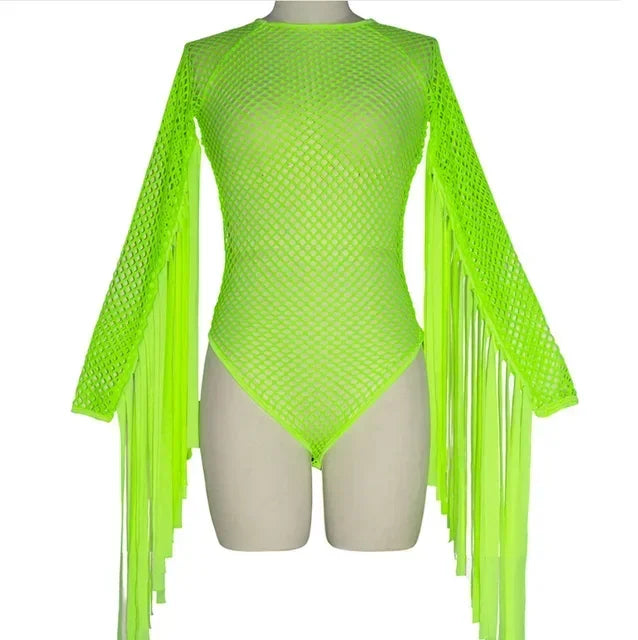 Cosjie Jazz Dance Costume Neon Green Tassel Jumpsuit Nightclub Gogo Dancer Stage Hip Hop Clothes Dj Suit Female Rave Bodysuit