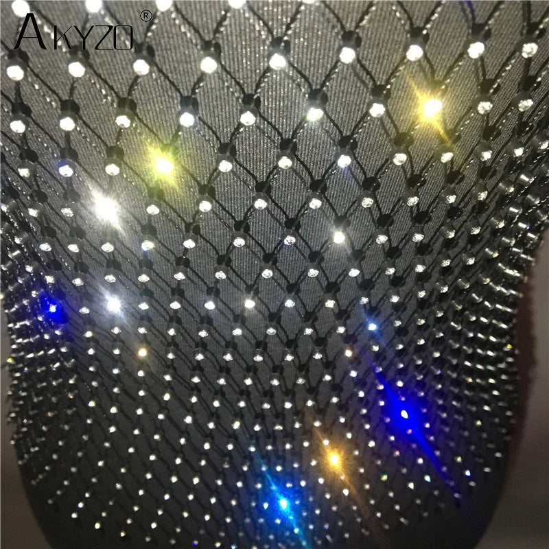 Women's Fishnet Rhinestone Crop Top 2024 Summer Sexy Mesh High Elastic Black White Shirt Net See Through Rave Diamond Tank Top