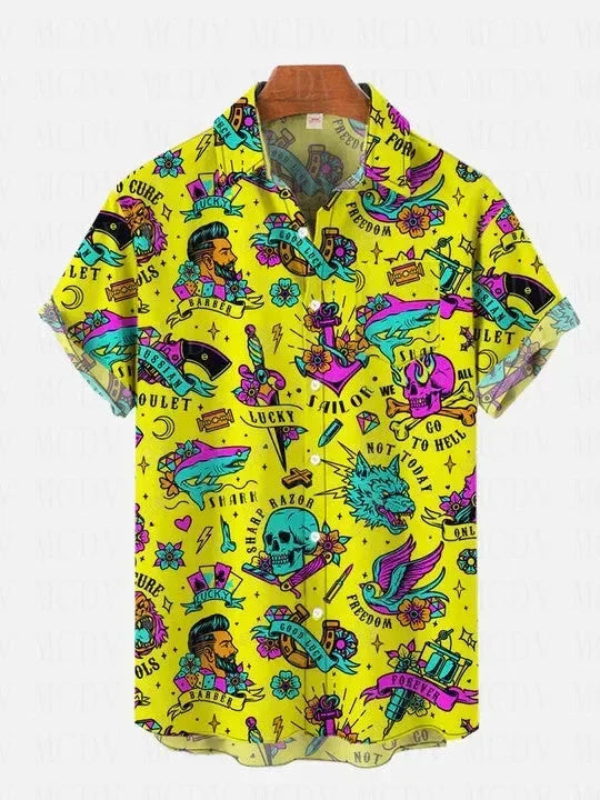 Vintage Disco Psychedelic Gradient Rainbow Neon Light Printing Short Sleeve Shirt Hawaiian Shirts