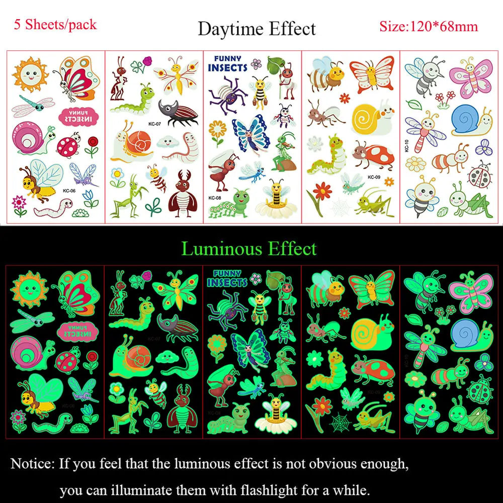 5 Sheets Luminous Tattoo Stickers Temporary Colorful Animal Dinosaur Tattoo Fake Tattoo for Body Hand Face