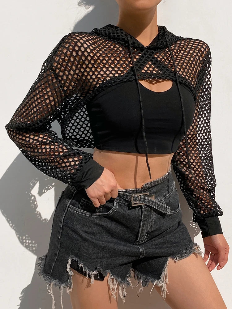 Rockmore Hooded Hoodie Tshirt Ladies Neon Green Shirts Women oversized Long Sleeve Crop Top Transparent Mesh T-Shirt Streetwear