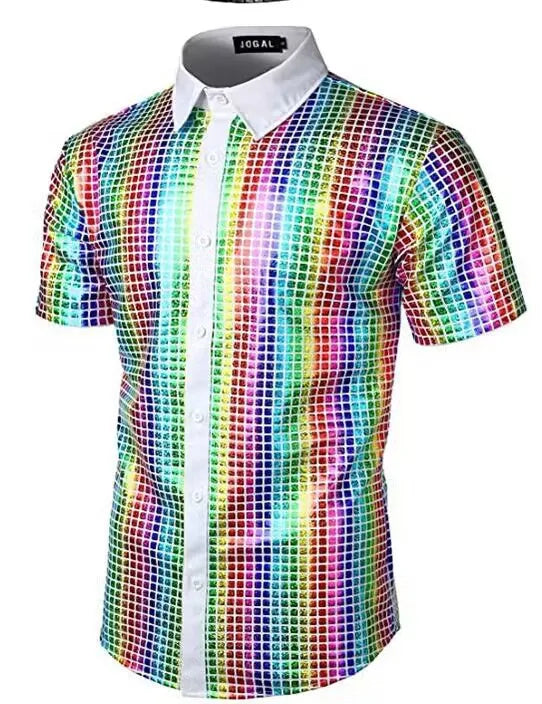 Summer Men's Disco Party Short Sleeve Shirt, Red Gold Blue Black Available, Fashion Casual Shirts