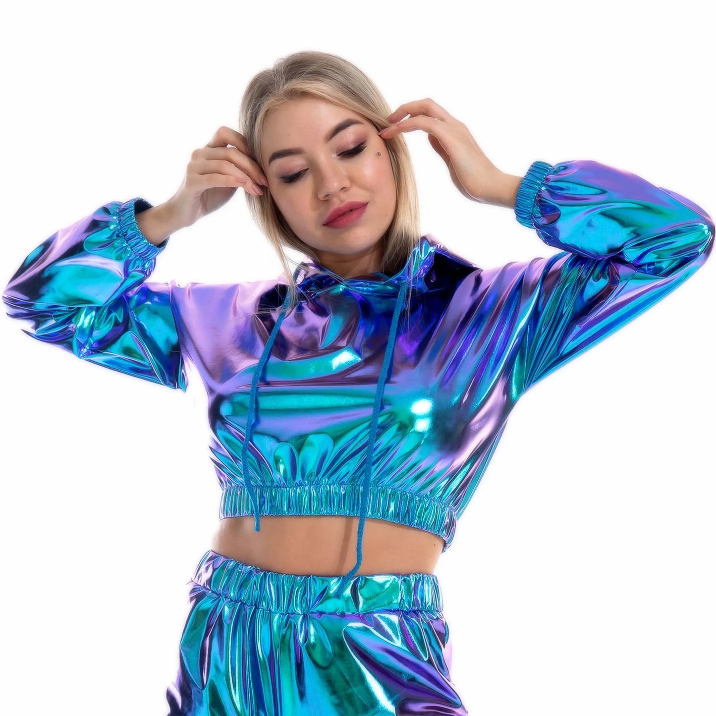 Women Sexy Metallic Jazz Dance Costumes Crop Top Hooded Shiny T-shirt Rave Party Clubwear Outfits Long Sleeve Hip Hop Clothing