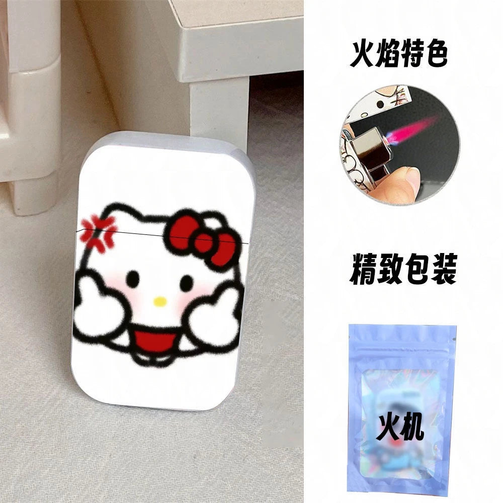 Gift Set Hello Kitty Turbo Gas Lighter, Pink Fire Windproof Metal Flip Cover Women's Lighter Jet Flame, Smoking Accessories