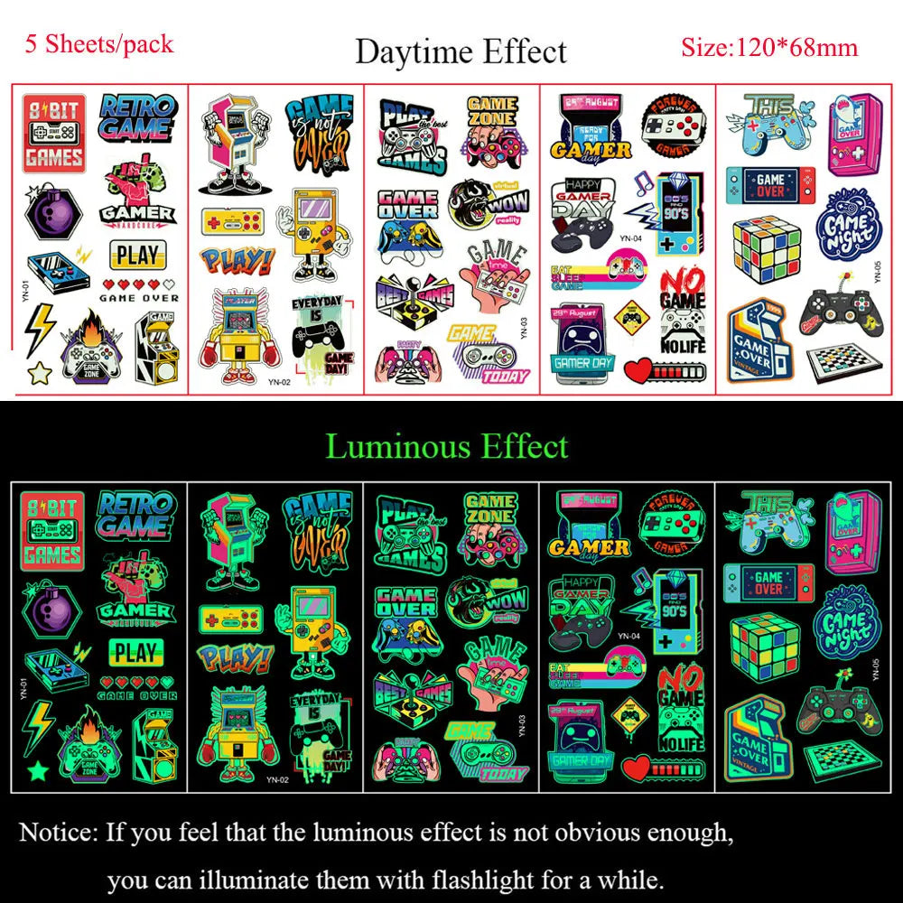 5 Sheets Luminous Tattoo Stickers Temporary Colorful Animal Dinosaur Tattoo Fake Tattoo for Body Hand Face