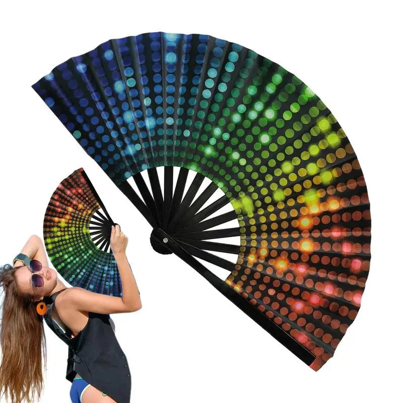 33cm Classics Folding Fan Hand Fans Rainbow Print Black Bamboo Bone Fan Cooling Handheld Fan Festival Performance Dance Fan Gift