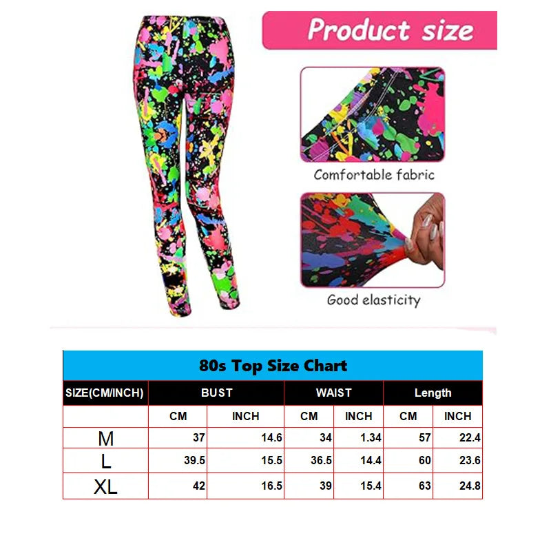 80's Women Retro Costume Set Women's 80s Leggings Fishnet Neon Shirt with Leg Warmers Necklace Bracelet Halloween Cosplay Outfit