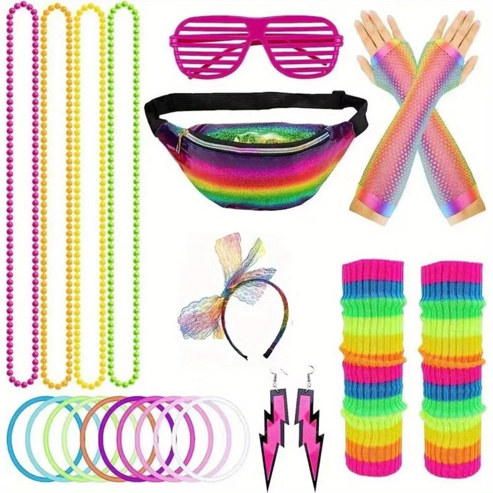 80s women's costume party costume set Neon pink leg warmers Head Belt Fishnet Gloves Earrings Sunglasses Retro party