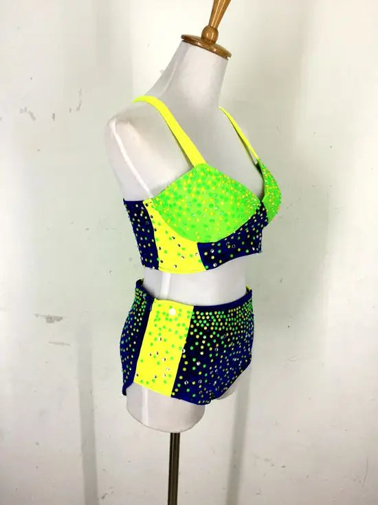 Female Sexy Pole Dance Clothing Shiny Fluorescent Rhinestones Bikini Female Stage Performance Costume Nightclub Dj Rave Outfit