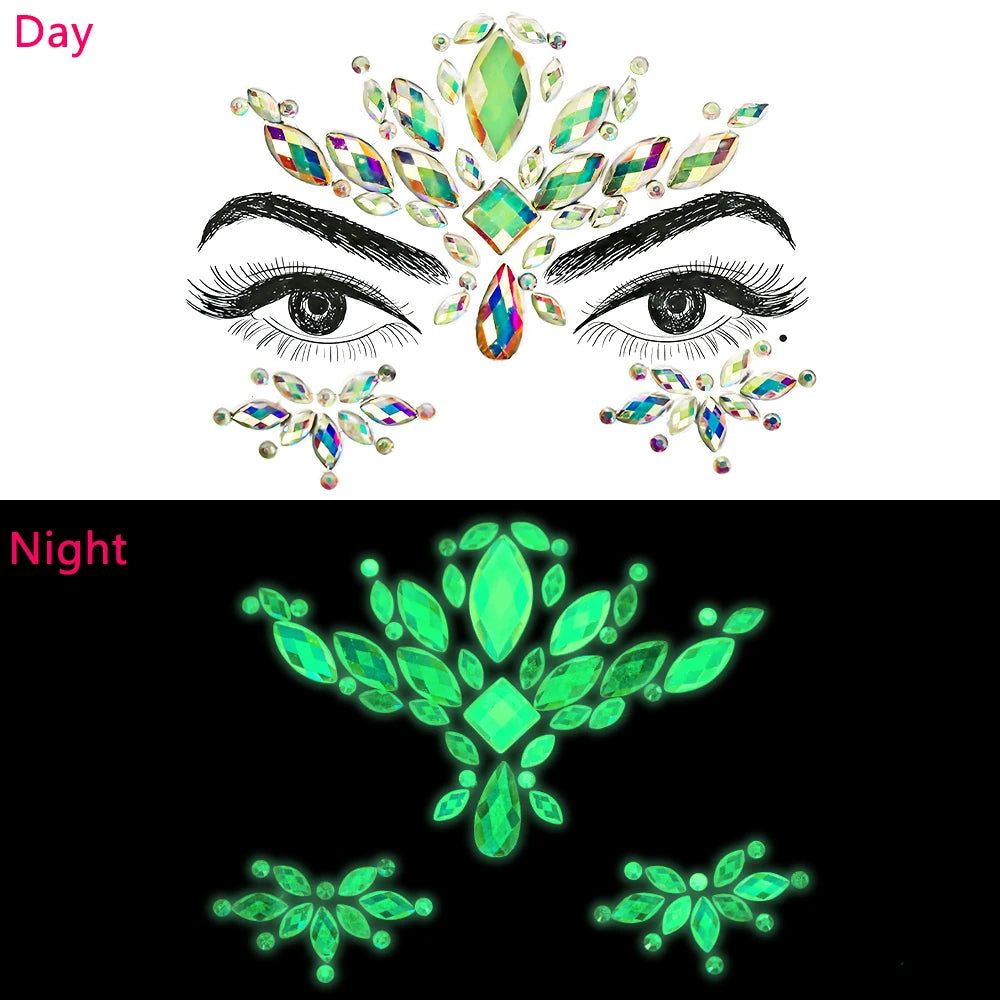 1pc 5D Fluorescence Glitter AB Water-Drop Tear Rhinestone Face Sticker Glow-In-Dark Crystal Face Slider DIY Party MakeUp Daimond