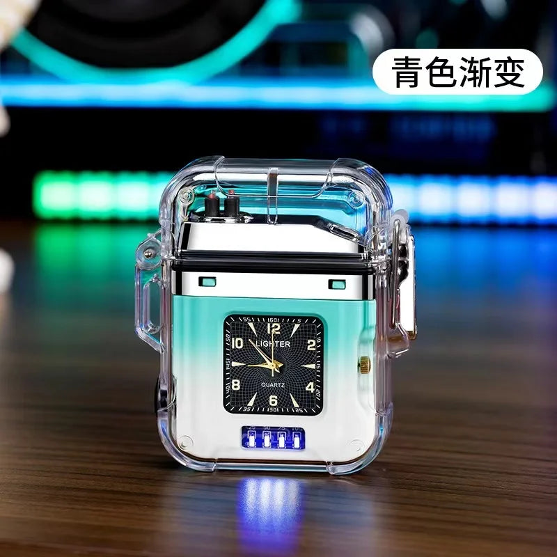 New Waterproof Double Arc Plasma Flashlight, Outdoor Lighter, Transparent Watch, USB Rechargeable, Flameless, Windproof Lighter