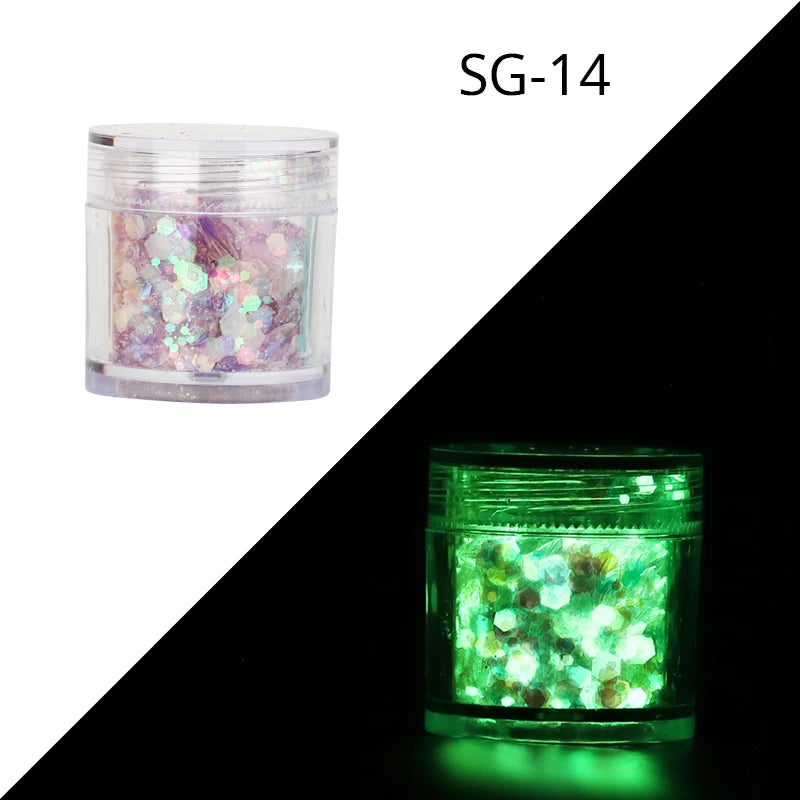 15Colors Holographic Luminous Sequins Glow in the Dark Nail Art Neon Glitters Mixed Hexagon Powder Manicure Body/Eyes/Face Flake