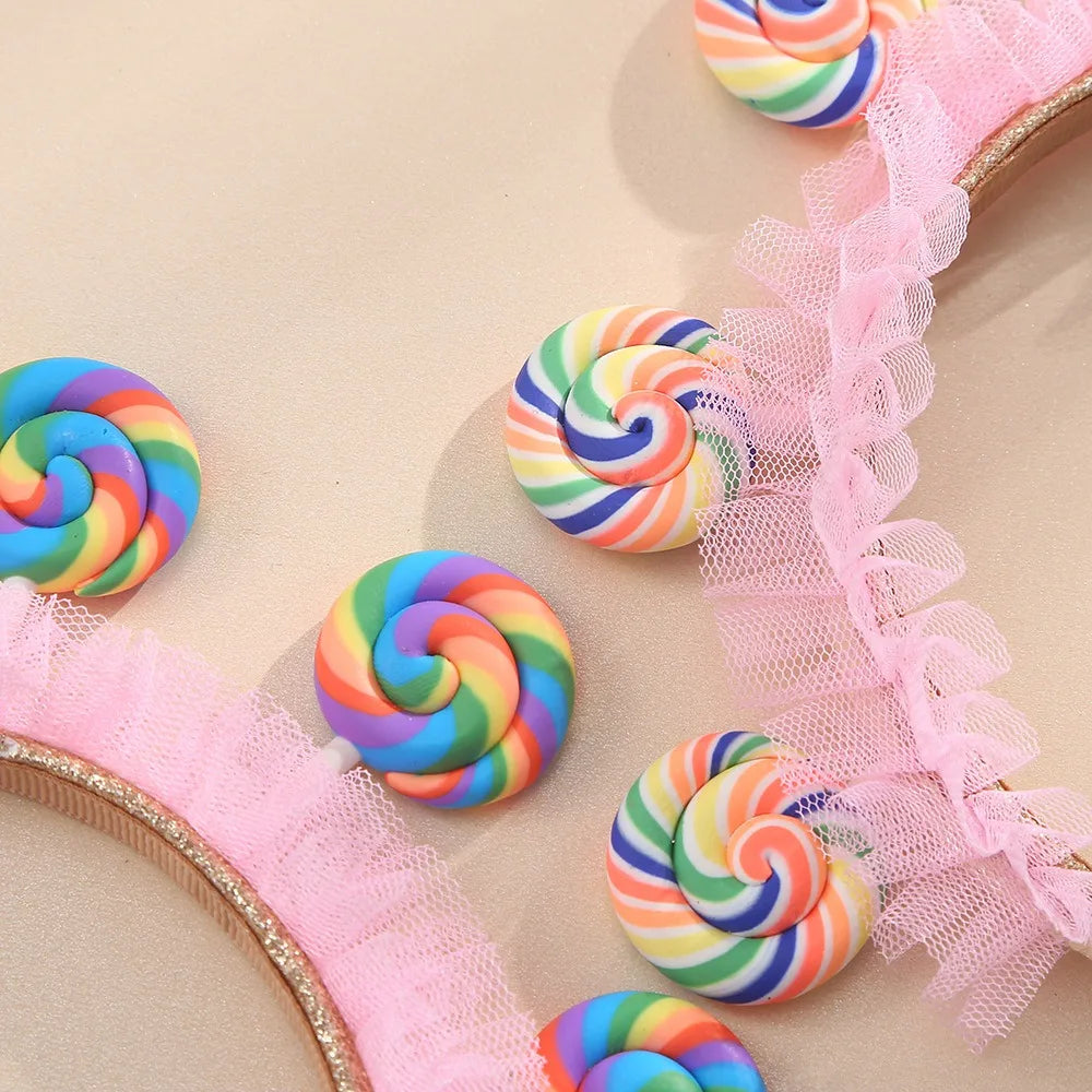 Pink Lollipop Headwear Girl Candy Party DIY Dress Up Sweet Little Princess Happy 1st 2nd 3rd Birthday Party Hair Band Photo Prop