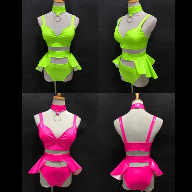 Sexy Bar DJ DS Gogo Costume Fluorescent Green Pink Bikini Skirt Rave Outfits Nightclub Pole Dancing Performance Stage Dance Wear