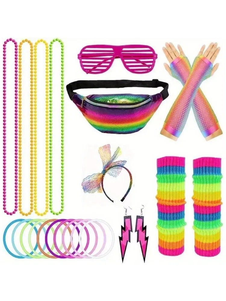 80s women's costume party costume set Neon pink leg warmers Head Belt Fishnet Gloves Earrings Sunglasses Retro party