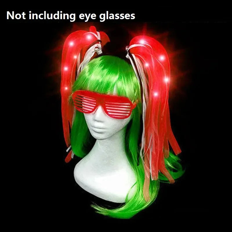 Glow Hair Braid Glasses Blink Bow Light Curly Party Clown Explosion Wig Cosplay Birthday Costume Christmas Halloween Festival