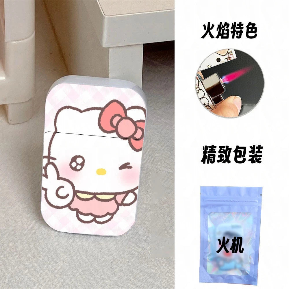 Gift Set Hello Kitty Turbo Gas Lighter, Pink Fire Windproof Metal Flip Cover Women's Lighter Jet Flame, Smoking Accessories