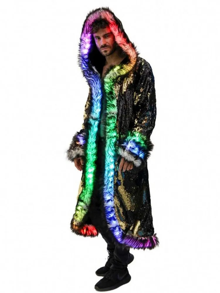 Men's Faux Fur Coat Winter Thicken Fluffy Led Lights Rave performance Luxury Fur Plus Size Jackets Long Windbreaker Coat