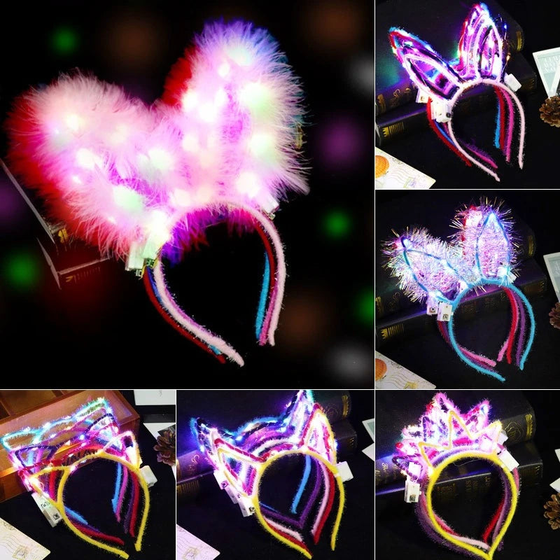 6/12/24 pcs Led Glow Cat Bunny Ear Horn Hairbands Light Up Flash Headband Women Girl LED Neon Birthday Wedding Party Supplies
