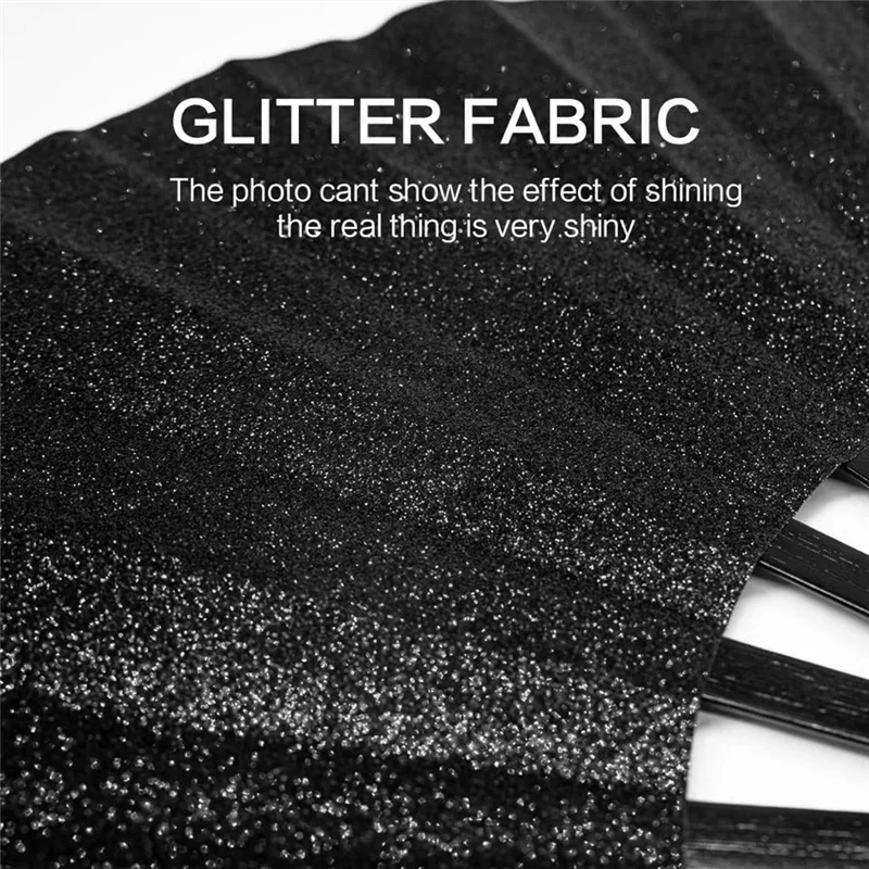 ABUI-Folding Glitter Rave Fan Withleg Strap Andfabric Case Bag Foredm,Festival,Club,Party,Dance Black