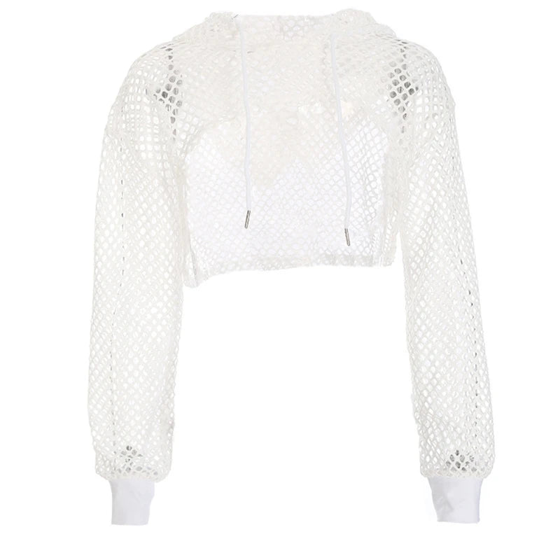 Women Long Sleeve Mesh Fishnet Hoodie Crop Top Neon Solid Color Hollow Out Drawstring Sweatshirt Pullover Cover Up Shrug