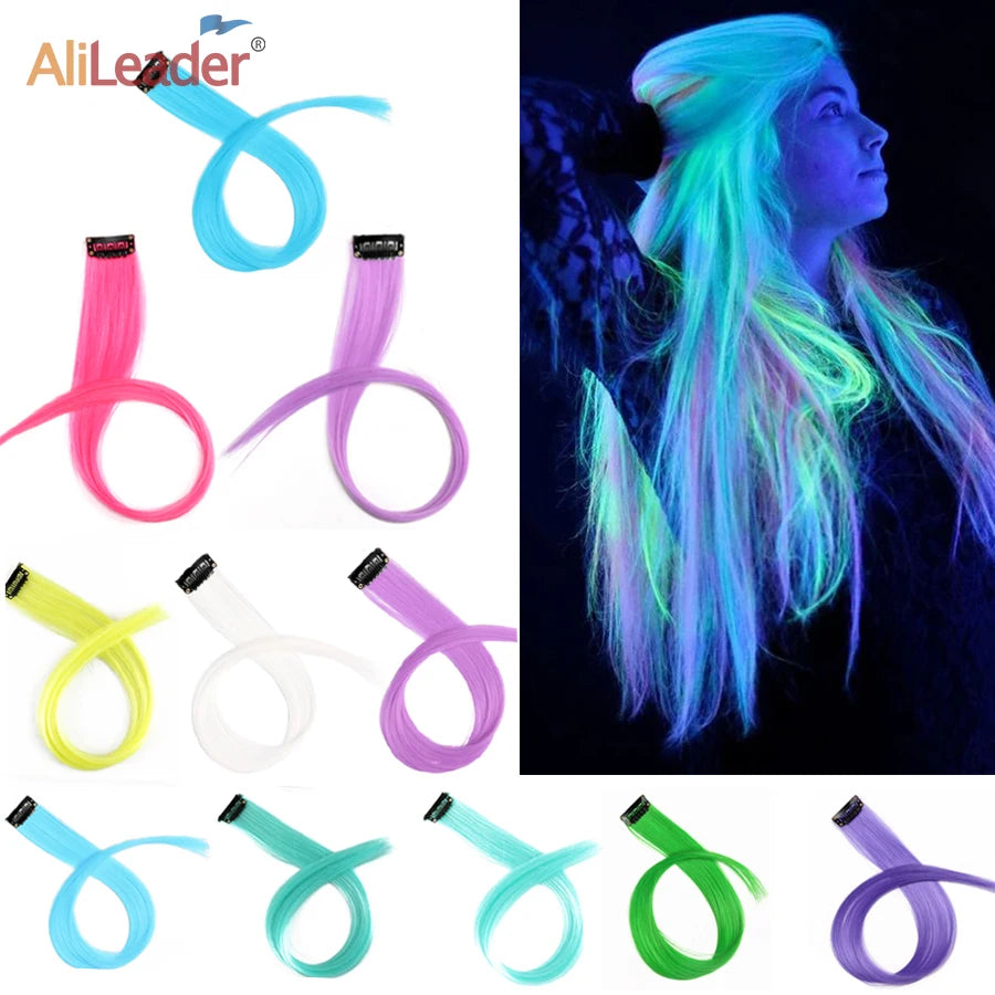 20inch Glow In Hair Extensions Clip In Colored Hairpieces Party Rainbow Hair Clips Synthetic Neon Fake Hairpiece For Women