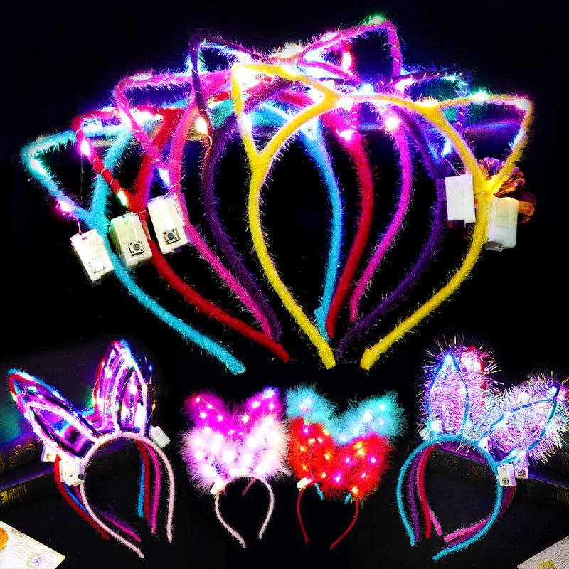 6/12/24 pcs Led Glow Cat Bunny Ear Horn Hairbands Light Up Flash Headband Women Girl LED Neon Birthday Wedding Party Supplies