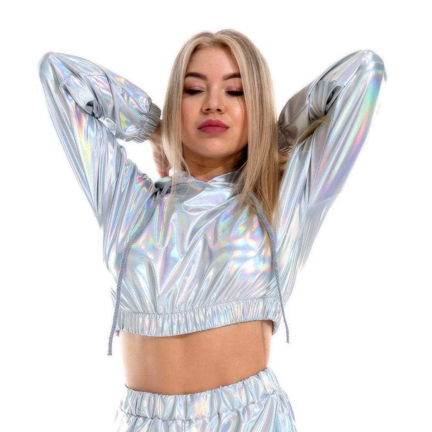 Women Sexy Metallic Jazz Dance Costumes Crop Top Hooded Shiny T-shirt Rave Party Clubwear Outfits Long Sleeve Hip Hop Clothing