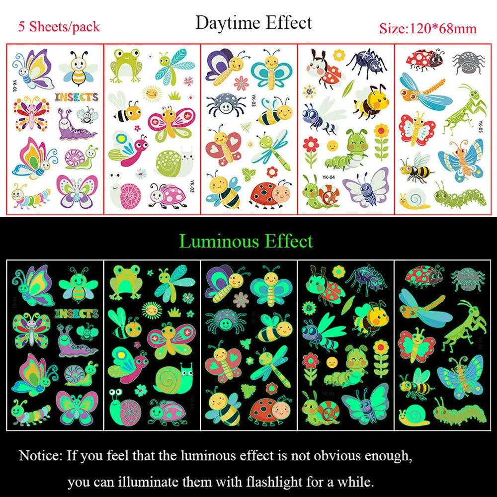 5 Sheets Luminous Tattoo Stickers Temporary Colorful Animal Dinosaur Tattoo Fake Tattoo for Body Hand Face