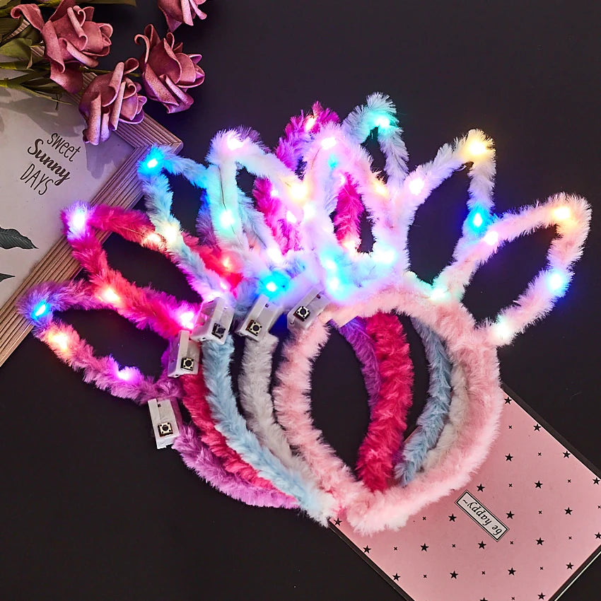 10/20/30 Pcs Cute LED Plush Bear Ear Headband Kids Adult Light Up Hairband Plush Glitter Hair Hoop Headwear Glow Hair Accessorie