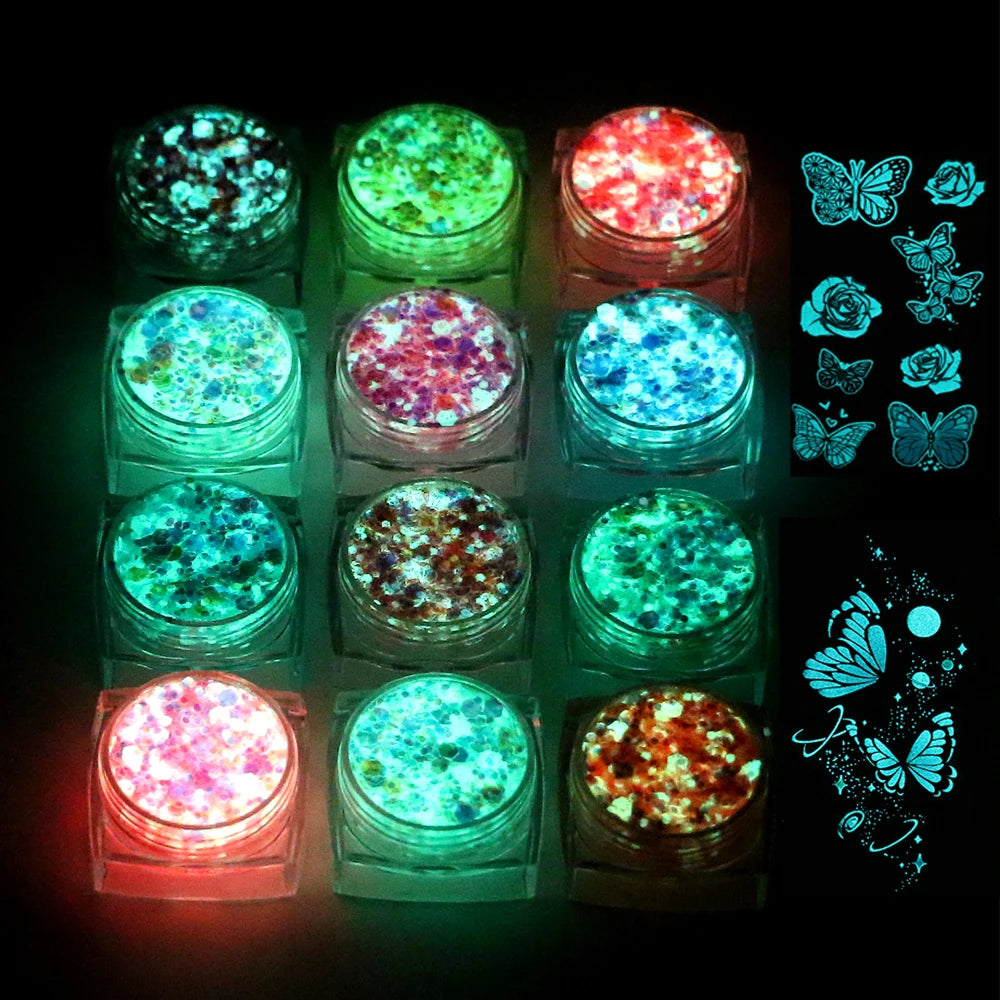 Bowitzki 12 Colors Glow in The Dark Glitter Gel Face Glitter Body Glitter Gel Hair Glitter Gel UV Glitter or Raves Festivals 