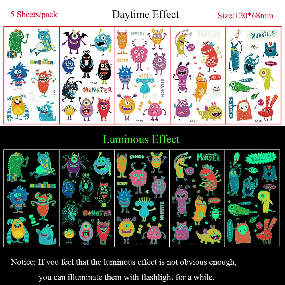 5 Sheets Luminous Tattoo Stickers Temporary Colorful Animal Dinosaur Tattoo Fake Tattoo for Body Hand Face