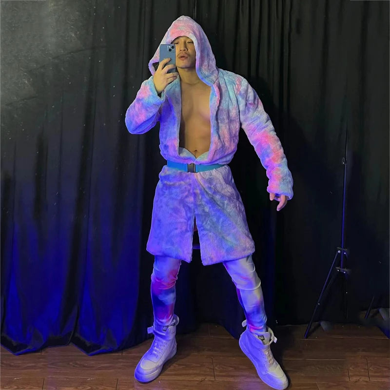 Tie-dye Fur Long Coat Leggings Men Festival Rave Outfit Male Gogo Costume Burning Man Nightclub Dj Ds Rave Clothing XS3148