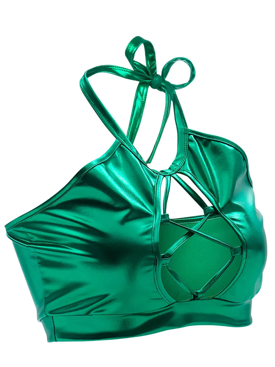 Sexy Shiny Bra Crop Tops Vetement Pole Dance Clothes Holographic Costumes Womens Festival Roupa Metallic Rave Bra Halter Wetlook