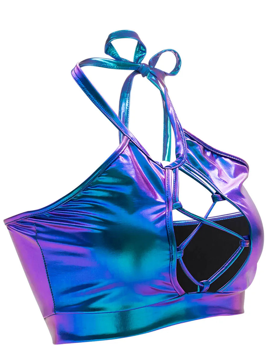Sexy Shiny Bra Crop Tops Vetement Pole Dance Clothes Holographic Costumes Womens Festival Roupa Metallic Rave Bra Halter Wetlook