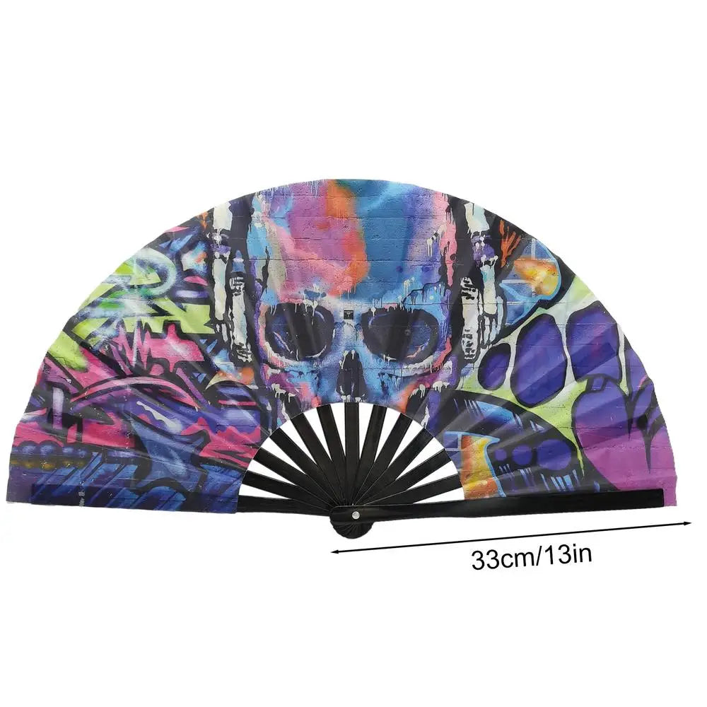 33cm Classics Folding Fan Hand Fans Rainbow Print Black Bamboo Bone Fan Cooling Handheld Fan Festival Performance Dance Fan Gift