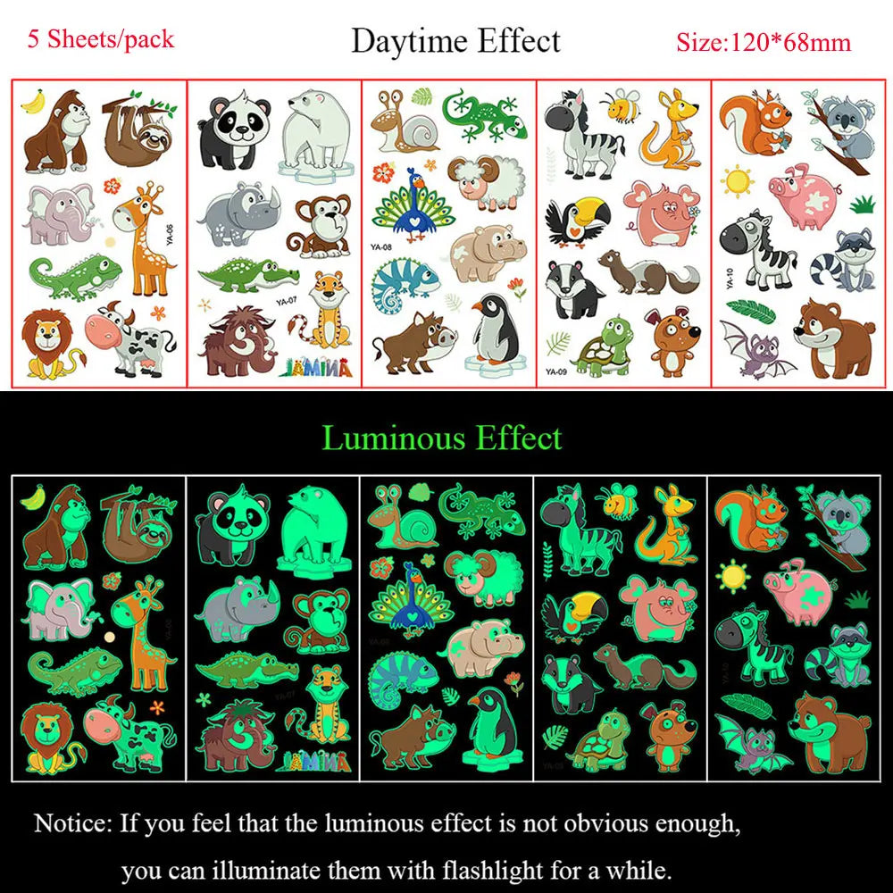 5 Sheets Luminous Tattoo Stickers Temporary Colorful Animal Dinosaur Tattoo Fake Tattoo for Body Hand Face