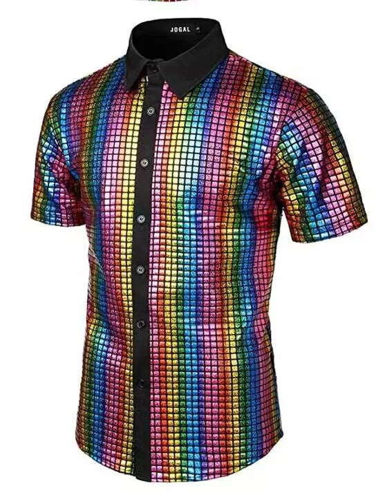 Summer Men's Disco Party Short Sleeve Shirt, Red Gold Blue Black Available, Fashion Casual Shirts