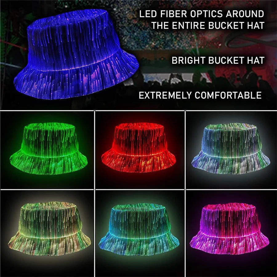 7 Colors LED Rave Bucket Hat Light up Fisherman Cap Glow in the Dark Party Hats USB Rechargeable Crazy Hat