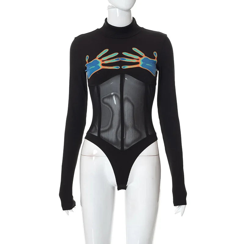 Harajuku Mesh Insert 3D Print Black Bodysuit Y2k One-pieces Rave Festival Outfit Sexy Women Bodycon Long Sleeve Party Bodysuit