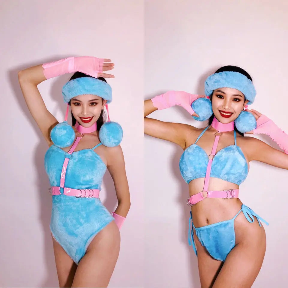 Blue Plush Bodysuit Sexy Pole Dance Costume Dj Ds Bikini Adult Party Rave Outfit Nightclub Bar Gogo Dancing Clothes VDB5234